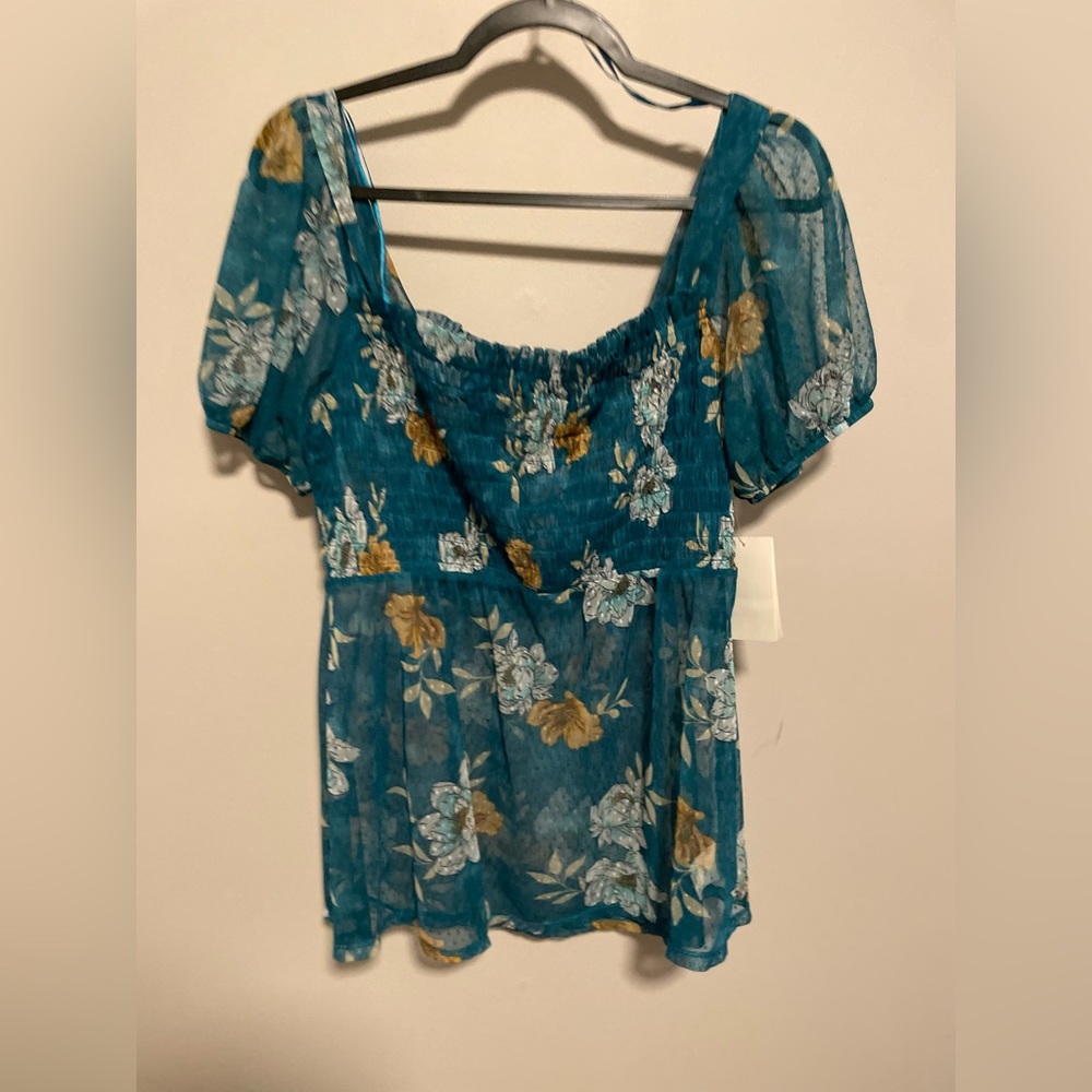 Blue floral see through blouse
